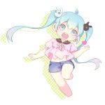  1girl :d ahoge blue_eyes blue_hair bunny_hair_ornament casual chibi hair_ornament hatsune_miku long_hair looking_at_viewer mame_(yangqi787) navel open_mouth smile solo tagme twintails vocaloid 