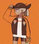  1girl alternate_costume bangs baseball_cap bea_(pokemon) bike_shorts blonde_hair brown_headwear commentary_request cup dark_skin dark-skinned_female disposable_cup drinking_straw grey_eyes hand_on_headwear hat highres holding jacket liquid long_sleeves looking_to_the_side open_clothes open_jacket orange_background pokemon pokemon_(game) pokemon_swsh ponytail rudosan shirt solo white_shirt 