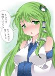  1girl blush breasts commentary_request detached_sleeves frog_hair_ornament green_eyes green_hair hair_ornament hammer_(sunset_beach) kochiya_sanae large_breasts long_hair looking_at_viewer snake_hair_ornament solo touhou translation_request 