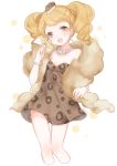  1girl artist_name blonde_hair blush bracelet brown_dress brown_eyes cheesecake_cookie cookie_run curly_hair dress earrings envelope feather_boa jewelry marin_(myuy_3) mole necklace open_mouth pearl_necklace solo twintails 