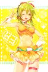  1girl ahoge belt detached_collar elbow_gloves gloves goggles goggles_on_head green_eyes green_hair gumi hair_ornament hand_on_hip headphones mamama navel one_eye_closed open_mouth short_hair skirt smile solo v vocaloid wrist_cuffs 