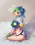 1girl alternate_costume arcade_riven ass asymmetrical_bangs bangs barefoot breasts crop_top david_pan fingerless_gloves gloves green_gloves green_hair headgear headphones heart highres league_of_legends lips lipstick makeup midriff nose on_bed panties pauldrons pixelated ponytail riven_(league_of_legends) scarf smile solo underwear violet_eyes white_panties 
