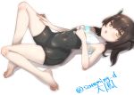  1girl armpits barefoot brown_eyes brown_hair flat_chest food_on_body headgear inuhasiru kantai_collection looking_at_viewer lying melting popsicle short_hair solo taihou_(kantai_collection) 
