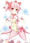  1girl bow choker commentary dress gloves hair_bow heart heart_hands highres jewelry kaname_madoka magical_girl mahou_shoujo_madoka_magica pen-zin pendant pink_dress pink_eyes pink_hair puffy_short_sleeves puffy_sleeves ribbon_choker short_sleeves smile solo twintails white_gloves 