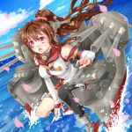  &gt;:o 1girl :o blurry brown_hair depth_of_field detached_sleeves hair_ornament headgear kantai_collection kneeling long_hair looking_at_viewer machinery ocean p-line petals ponytail red_eyes sky solo tagme turret wind yamato_(kantai_collection) 