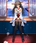  1girl bare_shoulders black_hair boots brown_eyes dangan_neko detached_sleeves hair_ornament hairband hairclip haruna_(kantai_collection) japanese_clothes kantai_collection long_hair nontraditional_miko sitting skirt smile solo thigh-highs thigh_boots window 