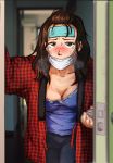  1girl blush breasts brown_hair cleavage green_eyes heavy_breathing looking_at_viewer original pii_(taromura) plaid robe sick solo surgical_mask 