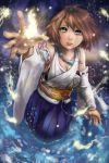  1girl blue_eyes brown_hair detached_sleeves final_fantasy final_fantasy_x green_eyes hands heterochromia highres japanese_clothes lips partially_submerged robert_knight short_hair solo tagme water yuna 