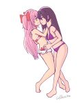  2girls absurdres akemi_homura bikini black_hair bow caffeccino eye_contact goddess_madoka hair_bow hairband hand_on_another&#039;s_cheek hand_on_another&#039;s_face highres hug incipient_kiss kaname_madoka long_hair looking_at_another mahou_shoujo_madoka_magica multiple_girls pink_hair simple_background swimsuit transparent_background two_side_up very_long_hair violet_eyes yellow_eyes yuri 