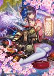  1girl alphonse_(white_datura) bangs black_hair blue_eyes blunt_bangs cherry_blossoms dragon flower gourd hair_flower hair_ornament japanese_clothes kimono sakazuki sitting solo tenka_touitsu_chronicle thigh-highs white_legwear yokozuwari 