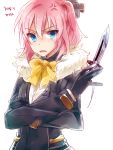  1girl blue_eyes character_request closers crossed_arms gloves knife pink_hair six_(fnrptal1010) solo 