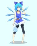  1girl barefoot belt blue_dress blue_eyes blue_hair bow cirno dress hair_bow haseneko ice ice_wings leggings looking_at_viewer salute short_hair simple_background smile solo standing touhou wings 