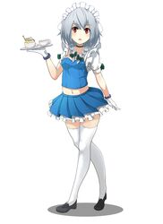  1girl braid cup female gloves haseneko izayoi_sakuya looking_at_viewer maid maid_headdress midriff navel short_hair silver_hair simple_background skirt solo tea_set teacup thigh-highs touhou twin_braids white_background white_legwear zettai_ryouiki 