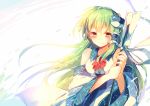  1girl backlighting bare_shoulders blush detached_sleeves frog_hair_ornament gohei green_eyes green_hair hair_ornament kochiya_sanae long_hair long_sleeves looking_at_viewer shirt solo tears touhou very_long_hair wide_sleeves yetworldview_kaze 