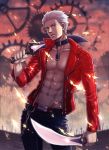  1boy archer dark_skin egmer fate/extra fate/extra_ccc fate/stay_night fate_(series) gears highres jacket kanshou_&amp;_bakuya red_jacket solo sword unlimited_blade_works weapon white_hair 
