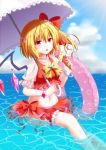  1girl :o adapted_costume bikini blonde_hair blush bracelet crop_top crop_top_overhang flandre_scarlet food hat ice_cream jewelry kure~pu looking_at_viewer midriff navel parasol partially_submerged red_eyes side_ponytail skirt swimsuit touhou umbrella wings 