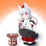  1girl animal_ears bare_shoulders blush breasts dagitsune_yuu detached_sleeves food hat inubashiri_momiji looking_at_viewer pom_pom_(clothes) red_eyes ribbon-trimmed_sleeves ribbon_trim sandals short_hair silver_hair sitting skirt smile solo tail tokin_hat touhou wolf_ears wolf_tail 