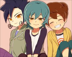  3boys blue_hair brown_hair closed_eyes grin inazuma_eleven_(series) inazuma_eleven_go kariya_masaki looking_at_viewer male matsukaze_tenma multiple_boys riho smile tsurugi_kyousuke yellow_eyes 