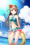  1girl airplane bikini blue_bikini blue_sky brown_eyes brown_hair clouds collarbone condensation_trail flower frilled_bikini frills hair_flower hair_ornament highres innertube jet long_hair love_live!_school_idol_project minami_kotori navel one_side_up open_mouth sky smile solo swimsuit tucana very_long_hair 