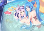  2girls all_fours aoki_hagane_no_arpeggio arpeggio_of_blue_steel bikini blue_eyes blue_hair diving_mask diving_mask_on_head double_bun green_eyes highres innertube iona kirishima_(aoki_hagane_no_arpeggio) lavender_hair long_hair moonhackle multiple_girls ponytail school_swimsuit snorkel starfish stuffed_animal stuffed_toy swimsuit takao_(aoki_hagane_no_arpeggio) teddy_bear umbrella water yotarou_(aoki_hagane_no_arpeggio) 