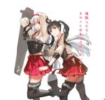  2girls adjusting_hair commentary hairband highres japanese_clothes jeanex kantai_collection long_hair multiple_girls muneate pleated_skirt shoukaku_(kantai_collection) silver_hair skirt thigh-highs translated twintails white_background zettai_ryouiki zuikaku_(kantai_collection) 