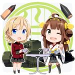  2girls :d ;d ahoge artillery black_eyes blonde_hair blue_eyes braid brown_hair caterpillar_tracks chibi crossover cup darjeeling detached_sleeves double_bun full_body girls_und_panzer gochou_(atemonai_heya) hair_bun hairband holding kantai_collection kongou_(kantai_collection) kv-2 long_hair looking_at_viewer lowres machinery military military_vehicle multiple_girls nontraditional_miko one_eye_closed open_mouth pleated_skirt pointing pointing_at_viewer school_uniform skirt smile standing star table tank teacup trait_connection turret vehicle 