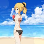  1girl ass back bare_back bare_legs bare_shoulders beach bikini blonde_hair breasts butt_crack cato_(monocatienus) clouds cloudy_sky cup drink drinking drinking_straw from_behind hand_on_hip kurodani_yamame looking_at_viewer looking_back ponytail seaside side-tie_bikini sky solo swimsuit thighs touhou under_boob water yellow_eyes 