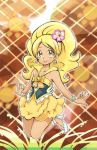  1girl alternate_costume bare_shoulders blonde_hair boots cure_honey dark_skin dress earrings eyelashes flower hair_flower hair_ornament happinesscharge_precure! happy high_heel_boots high_heels jewelry jumping long_hair looking_at_viewer magical_girl nontan-93bellcat oomori_yuuko ponytail precure ribbon skirt smile solo wrist_cuffs yellow_eyes 