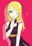  1girl ayase_eli blonde_hair blue_eyes blush chisumi dress earrings heart jewelry long_hair love_live!_school_idol_project pink_background simple_background solo wink 