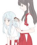  2girls akagi_(kantai_collection) brown_eyes brown_hair hair_brush hair_brushing kantai_collection long_hair multiple_girls no_headwear shoukaku_(kantai_collection) silver_hair skirt smile udon_(shiratama) 