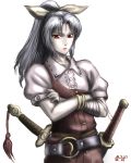  1girl bandages bangle bracelet character_request crossed_arms flat_chest hair_ribbon jewelry multiple_girls overalls ponytail puffy_short_sleeves puffy_sleeves red_eyes ribbon sheath sheathed short_sleeves silver_hair solo sword taikyokuturugi weapon 