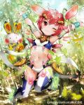  1girl ;3 animal_ears bamboo bamboo_forest carrot forest hair_ornament hands_up leaf looking_at_viewer majoca_majoluna nature navel official_art one_eye_closed rabbit rabbit_ears short_hair smile sparkle syutsuri0503 tagme 