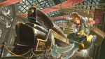  1girl :d artist_name bespin bird braid brown_eyes brown_hair carrying dove hand_on_headwear hat highres locomotive long_hair looking_at_viewer open_mouth original single_braid smile solo_focus suitcase tagme train train_station 