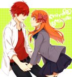  1boy 1girl belt blazer earrings eye_contact gekkan_shoujo_nozaki-kun green_background jewelry looking_at_another mikoshiba_mikoto orange_hair polka_dot polka_dot_background red_eyes redhead sakura_chiyo school_uniform smile thigh-highs violet_eyes yukishiro_(1802-shin) zettai_ryouiki 