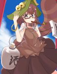  1girl animal_ears brown_eyes brown_hair futatsuiwa_mamizou glasses gourd hat hoshifune kiseru mouth_hold notepad pipe raccoon_ears raccoon_tail semi-rimless_glasses tail touhou under-rim_glasses 