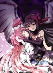  2girls :d akemi_homura akuma_homura argyle argyle_legwear bare_shoulders black_dress black_gloves black_hair bow choker closed_eyes dress elbow_gloves gloves goddess_madoka hair_bow hands_on_another&#039;s_head highres kaname_madoka long_hair looking_at_another mahou_shoujo_madoka_magica mahou_shoujo_madoka_magica_movie multiple_girls open_mouth pink_hair simple_background smile spoilers thigh-highs two_side_up unconscious very_long_hair violet_eyes white_dress wings yuri zettai_ryouiki 