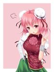  1girl bandages border breasts bun_cover chain chinese_clothes cuffs double_bun flower hand_on_hip highres ibaraki_kasen looking_at_viewer open_mouth pink_background pink_eyes pink_hair pointing rose short_hair simple_background skirt solo tabard touhou u2_(5798239) 