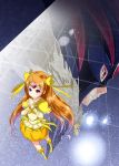  1girl boots bow brooch bubble_skirt circlet cure_muse_(black) cure_muse_(yellow) dual_persona female hair_bow hands_together heart jewelry knee_boots long_hair mask orange_hair precure red_eyes shirabe_ako shiratama0426 skirt smile solo spoilers standing suite_precure yellow_skirt 