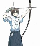  1boy aiming aki_(neyuki41028) arrow bow_(weapon) hakama japanese_clothes kihara_tsumugu nagi_no_asukara short_hair standing weapon 