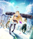  artist_request bare_shoulders black_gloves blonde_hair blue_eyes boots carrying carrying_over_shoulder conone fingerless_gloves gloves highres long_hair midriff navel original scarf science_fiction shirt shorts tagme thigh-highs thigh_boots weapon zettai_ryouiki 