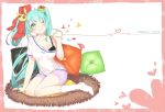  1girl ;) aqua_eyes aqua_hair breasts casual character_name cleavage hair_ornament hair_ribbon hatsune_miku long_hair looking_at_viewer mame_(yangqi787) one_eye_closed phone pillow ribbon sitting smile solo string_phone tagme twintails vocaloid 