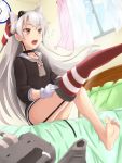  1girl adjusting_clothes amatsukaze_(kantai_collection) bed brown_eyes clock garter_straps gloves hair_tubes kantai_collection long_hair open_mouth rensouhou-kun rioriorio sailor_dress school_uniform silver_hair sitting striped striped_legwear thigh-highs twintails white_hair window windsock 