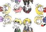  6+boys :p ahoge america_(hetalia) axis_powers_hetalia blonde_hair blush brown_hair canada_(hetalia) character_request faux_traditional_media flower france_(hetalia) lowres male middle_finger multiple_boys smile sunglasses sunglasses_on_head thumbs_up tongue tongue_out united_kingdom_(hetalia) v 