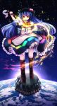  1girl absurdres blue_hair boots bow earth floating_rock food fruit hat highres hinanawi_tenshi long_hair open_mouth peach puffy_short_sleeves puffy_sleeves red_eyes shirt short_sleeves skirt solo space sword_of_hisou t.m_(aqua6233) touhou very_long_hair 