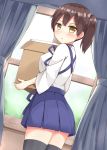  1girl back blush box breasts brown_eyes brown_hair chaa_(korone-ze) curtains japanese_clothes kaga_(kantai_collection) kantai_collection short_hair side_ponytail skirt solo thigh-highs window 