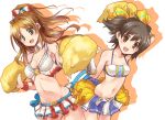  2girls :d akagi_miria arm_up bare_shoulders black_hair bow breasts brown_eyes brown_hair cheerleader cleavage gloves green_eyes hair_bow hair_ornament hino_akane_(idolmaster) idolmaster idolmaster_cinderella_girls midriff miniskirt multiple_girls navel one_side_up open_mouth paopao pleated_skirt pom_poms short_twintails skirt smile twintails white_gloves 