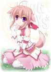  1girl ahoge animal_ears blush copyright_name dog_days dog_ears dog_tail flipper gloves looking_at_viewer millhiore_f_biscotti pink_hair short_hair smile solo tail violet_eyes white_gloves 