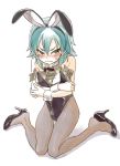  1boy animal_ears aqua_hair bare_shoulders blush bowtie bunnysuit crossdressinging detached_collar fake_animal_ears hairband high_heels inazuma_eleven_(series) inazuma_eleven_go kariya_masaki long_hair male money overexposure pantyhose rabbit_ears riho solo sweat thigh_gap white_background wrist_cuffs 