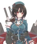  1girl ascot beret black_gloves black_hair breasts bust gloves hat highres kagerou_(shadowmage) kantai_collection long_sleeves looking_at_viewer machinery military military_uniform red_eyes short_hair solo takao_(kantai_collection) uniform white_background wrist_cuffs 