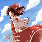  1girl bow brown_eyes brown_hair clouds cloudy_sky detached_sleeves frilled_skirt frills gohei hair_bow hair_tubes hakurei_reimu ribbon-trimmed_clothes ribbon-trimmed_sleeves ribbon_trim s_katsuo skirt sky smile touhou vest 